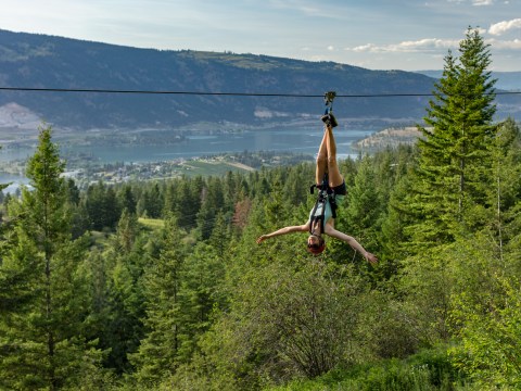 Person ziplining upside down over forested landscape with lake view.