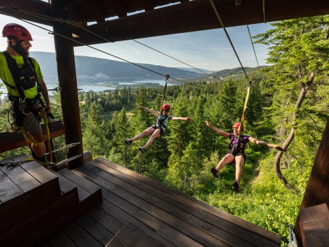 Two people ziplining from a wooden platform with a scenic forest and mountain view in the background.