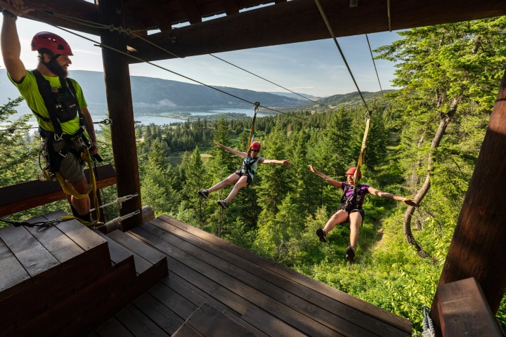 Two people ziplining from a wooden platform with a scenic forest and mountain view in the background.