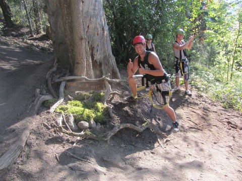 Three people with helmets posing by a tree with a sign in a forested area.