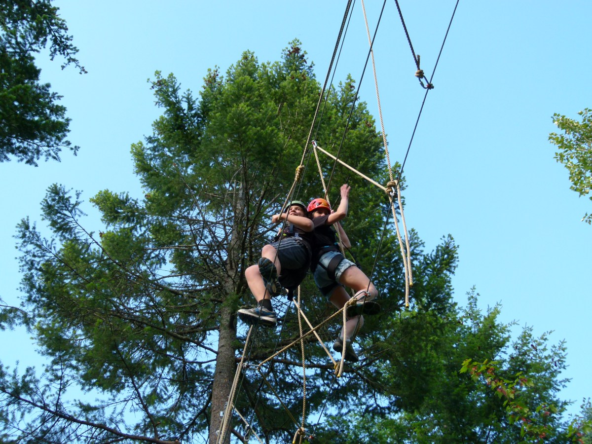 Two people in helmets climbing a rope course among tall trees under a clear blue sky.