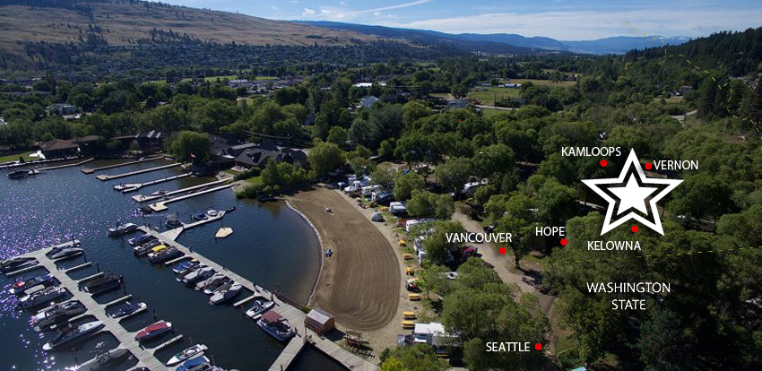 Aerial view of a lakeside marina with boats and surrounding greenery.